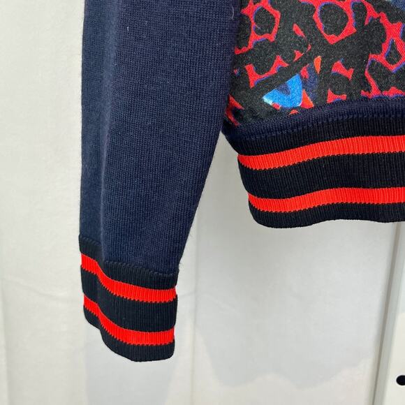 JUST CAVALLI Italy Patterned Crew Neck Sweater Pullover Navy Blue Red Size S - Picture 6 of 8